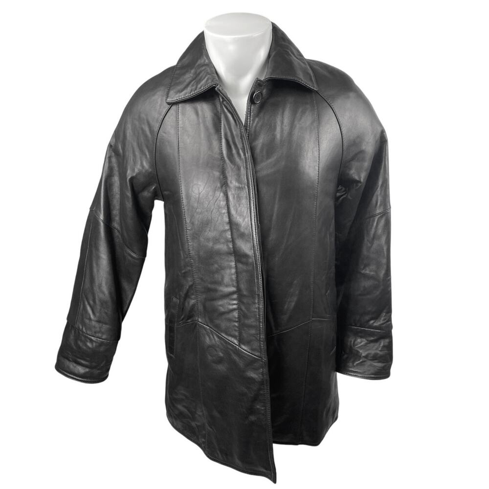 United Face 100% Leather Men's Black Button Front Long Sleeve Coat Jacket Size M